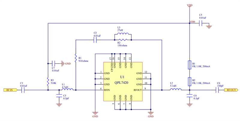 Schéma du circuit d'application - Qorvo CI d'amplificateurs RF pHEMT GaAs CATV QPL7420 